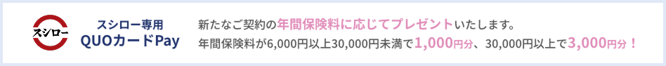 スシロー専用QUOカードPayについて 新たなご契約の年間保険料に応じてプレゼントいたします。年間保険料が6,000円以上30,000円未満で1,000円分、30,000円以上で3,000円分！