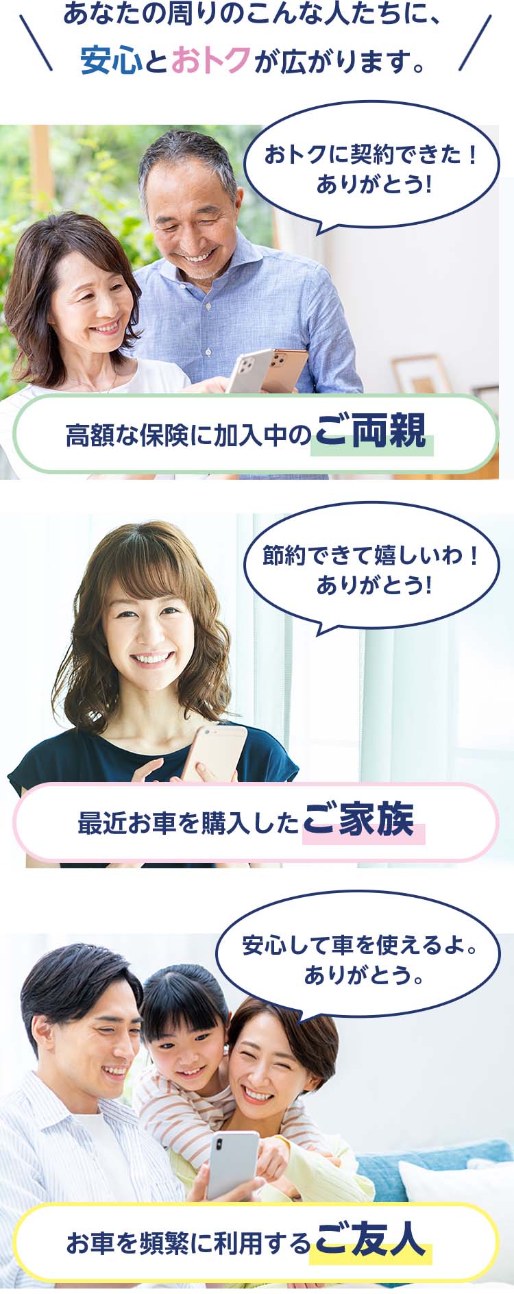 あなたの周りのこんな人たちに、安心とお得が広がります。保険料が安くなった！ありがとう！ 高額な保険に加入中のご両親 節約できて嬉しいわ！ありがとう！ 最近お車を購入したご家族 安心して車を使えるよ。ありがとう。 お車を頻繁に利用するご友人
