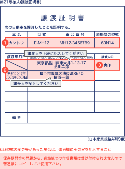 （注）型式の変更等があった場合は、備考欄にその旨を記入すること。保存期間等の問題から、感熱紙での作成書類は受け付けられませんので普通紙にコピーしてご使用下さい。