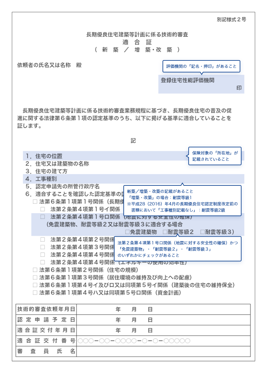 長期優良住宅：長期使用構造等である旨の確認書